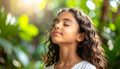 Cara de  una niña sonriente y relajada respirando aire puro entre plantas y hojas en plena naturaleza verde