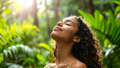 Cara de  una mujer joven sonriente y relajada respirando aire puro entre plantas y hojas en la calma y paz de  naturaleza verde