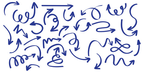 Crayon arrow sketches collection - hand drawn doodle style pointers, curved lines, round swirls. Chaotic scribbling, artistic design elements set. Black grunge brush strokes isolated on white bg