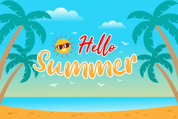 beach, scene, palm trees, ocean, hello, summer, sand, waves, sky, horizon, tropical, paradise, vacation, relax, leisure, coast, travel, sunny, blue, getaway, island, sun, idyllic, holiday, landscape, 