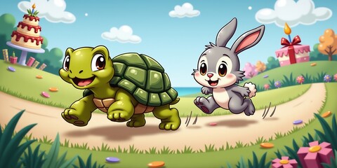 Fototapeta premium Tortoise sprints, rabbit chases; birthday card