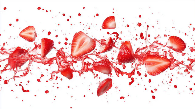 Fresh sliced sweet and delicious strawberries isolated on white background with juice splash