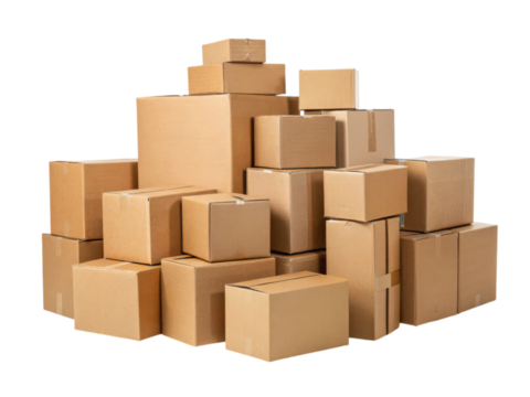 A stack of various-sized cardboard boxes arranged in a pile.
