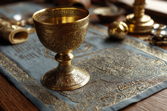 Gold chali on blue napkin beside a cup.