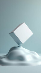 Floating White Cube Box on Soft Snowy Surface