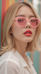 Stylish woman with blonde hair wearing pink sunglasses and bold red lipstick, posing against colorful striped background