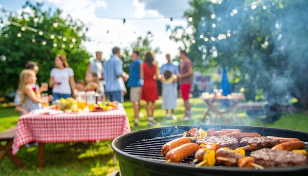 Lively summer backyard barbecue party with sizzling grills, burgers, hot dogs, laughter, lawn games, picnic tables with colorful salads, lemonade, string lights, and joyful friends and families