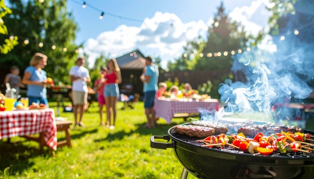 Lively summer backyard barbecue party with sizzling grills, burgers, hot dogs, laughter, lawn games, picnic tables with colorful salads, lemonade, string lights, and joyful friends and families