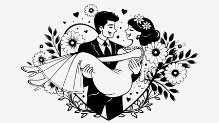 groom lifting bride off her feet in a joyful wedding pose in silhouette.svg