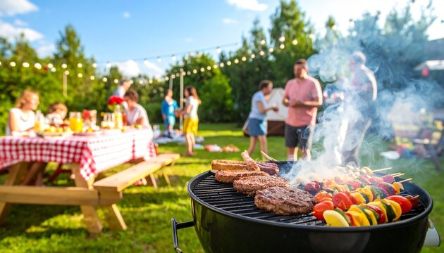 Lively summer backyard barbecue party with sizzling grills, burgers, hot dogs, laughter, lawn games, picnic tables with colorful salads, lemonade, string lights, and joyful friends and families