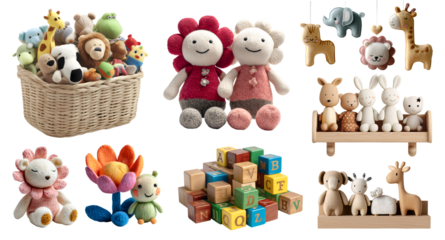Collection set of toys accessories for baby children toddler on transparent cutout PNG. Many different colourful wooden crochet yarn wool, stuffed doll, build block alphabet, basket. Mockup template	
