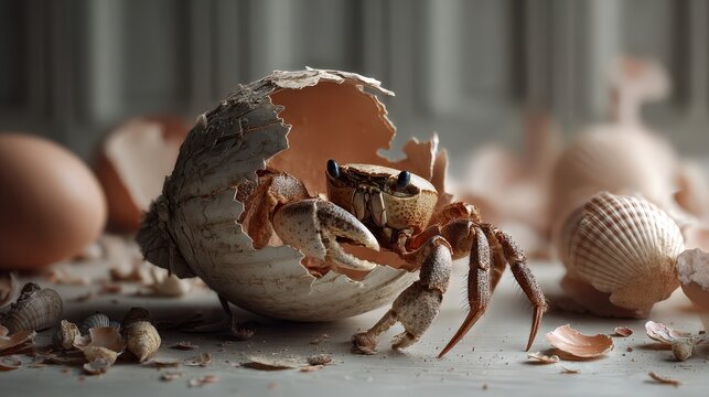 Crab emerges from broken shell beach photography muted tones close-up resilience