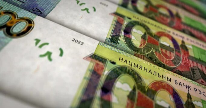 Belarus money Belarusian rubel banknote loop. 100 BYN money texture. Concept of economy, business, crisis, banking, recession, debt and finance. Moving over note loopable seamless 3d.