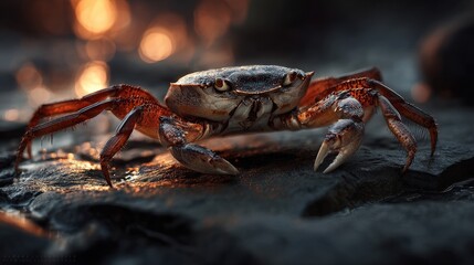 Crab in warm lighting stone adda wildlife photography natural setting close-up underwater ecosystem
