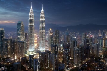 Obraz premium detailed highly realistic 3d render, photorealistic city skyline, Petronas Towers, skyscrapers, modern architecture, night scene, vibrant colors, glowing lights, intricate details, cinematic lighting