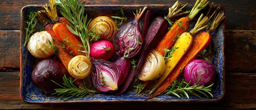 Roasted root vegetables arranged beautifully in a rustic bowl. A vibrant mix of colors and textures.