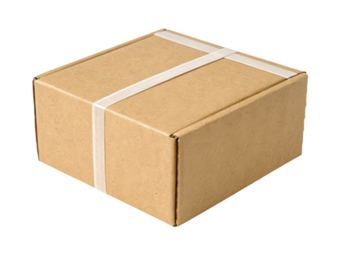 A closed cardboard box sealed with white packing tape.