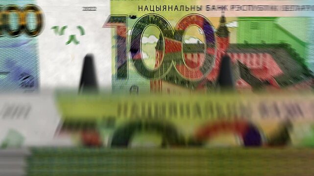 Belarus money Belarusian rubel counting machine with banknotes. Quick 100 BYN currency note down rotation. Business and economy concept loopable and seamless background.