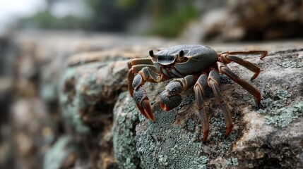 Crab walking on textured stone outdoor setting wildlife photography natural environment close-up lichen details