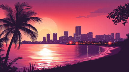 Obraz premium vibrant Miami skyline at sunset with palm trees and water reflections