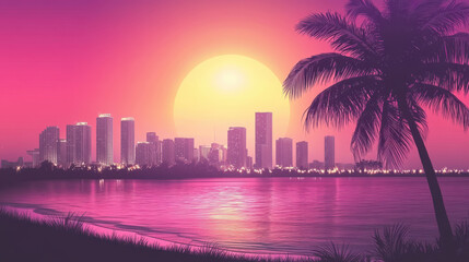 Obraz premium vibrant Miami skyline at sunset with palm trees and water reflections