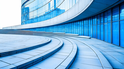 Obraz premium Modern building exterior, curved steps, city reflection, plaza, architectural design