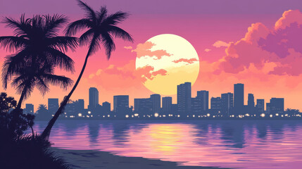 vibrant sunset over city skyline with palm trees