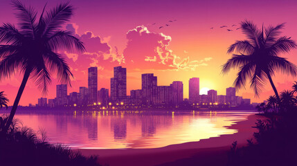 vibrant sunset over city skyline with palm trees reflecting on water