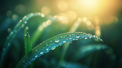 Morning dew glistening on blades of grass, illuminated by a warm sunlight. Freshness in nature's beauty.