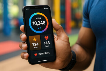  A close-up of a smartphone screen showing a vibrant fitness tracker app interface