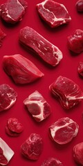 A close up of various cuts of meat, including steaks and chops, arranged on a red background. Concept of abundance and variety, showcasing the different types of meat available for consumption