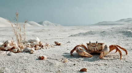 Obraz premium Crab exploring vast beach coastal landscape photography serene environment ground level minimalist composition
