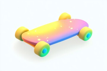 3D cartoon skateboard with rainbow deck, graffiti, and wheel sparks, ultra-high-definition design, detailed with isometric view, isolated on white background.