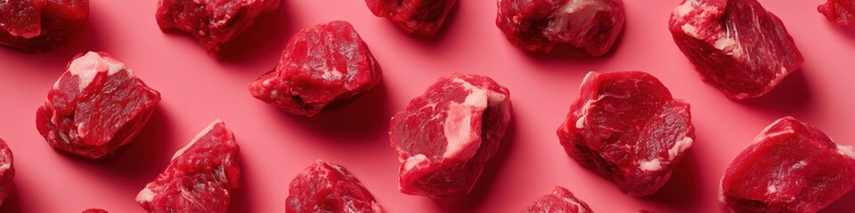 Obraz premium A close up of many pieces of meat on a pink background. The meat is cut into small pieces and arranged in a pattern. Concept of abundance and variety, as well as a focus on the meat itself