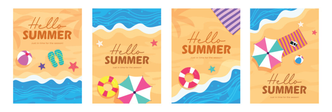 et of four vibrant "Hello Summer" beach greeting designs with umbrellas, flip-flops, beach balls, and ocean waves. Perfect for seasonal banners, posters, and summer event promotions.