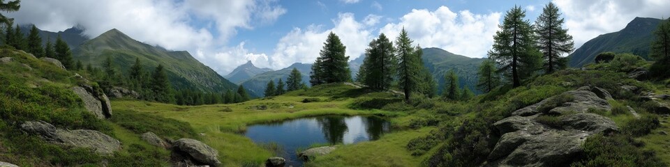 A beautiful mountain landscape with a pond in the middle. The sky is clear and the sun is shining