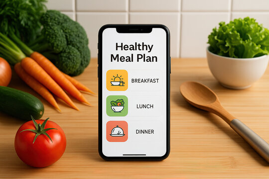 A smartphone on a clean wooden countertop, displaying a healthy meal planning app with colorful icons for breakfast, lunch, and dinner