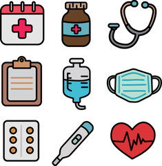 A colorful flat icon set representing various medical and healthcare items including a calendar with a cross, medicine bottle, stethoscope, clipboard, IV bag, face mask, pills, thermometer, and heart 