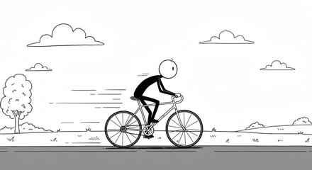 Obraz premium Stick Figure Riding Bike on Road with Trees and Clouds