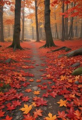 Vibrant red and orange maple leaves scattered on forest floor, yellow, orange, brown