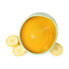 Baby food. Tasty puree in bowl and banana isolated on white, top view