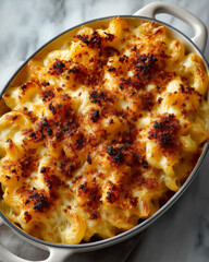 Baked mac and cheese with golden breadcrumbs in a cozy kitchen