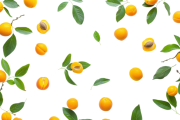 Ripe Juicy Apricots with Green Leaves on White Background Varient 1