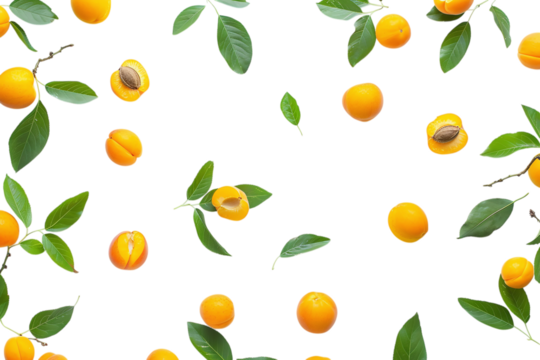 Ripe Juicy Apricots with Green Leaves on White Background Varient 1