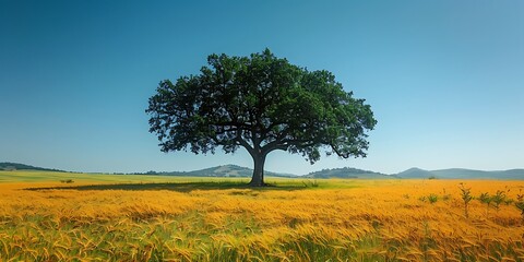 Majestic Oak Tree Standing Tall in a Golden Wheat Field under a Clear Blue Sky