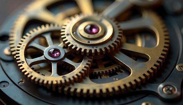 Intricate gold and silver cogwheel mechanism displaying complex engineering precision and clockwork gears in motion, created with generative ai