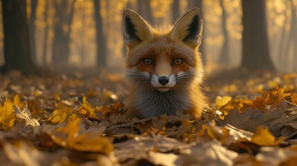 Fototapeta premium Fox in Autumn Leaves (1)