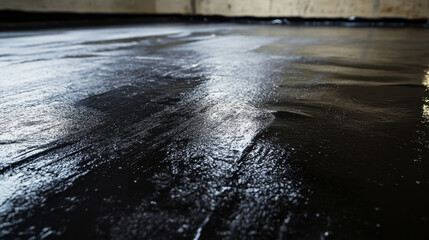 Waterproofing flat roof terrace with roll bitumen. Roof waterproofing. Bitumen insulating layer. Covering roofing material. Flat roof installation. Roofing felt
