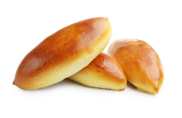 Many tasty baked patties isolated on white