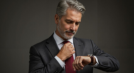 Mature man checking watch while adjusting his tie in formal attire  